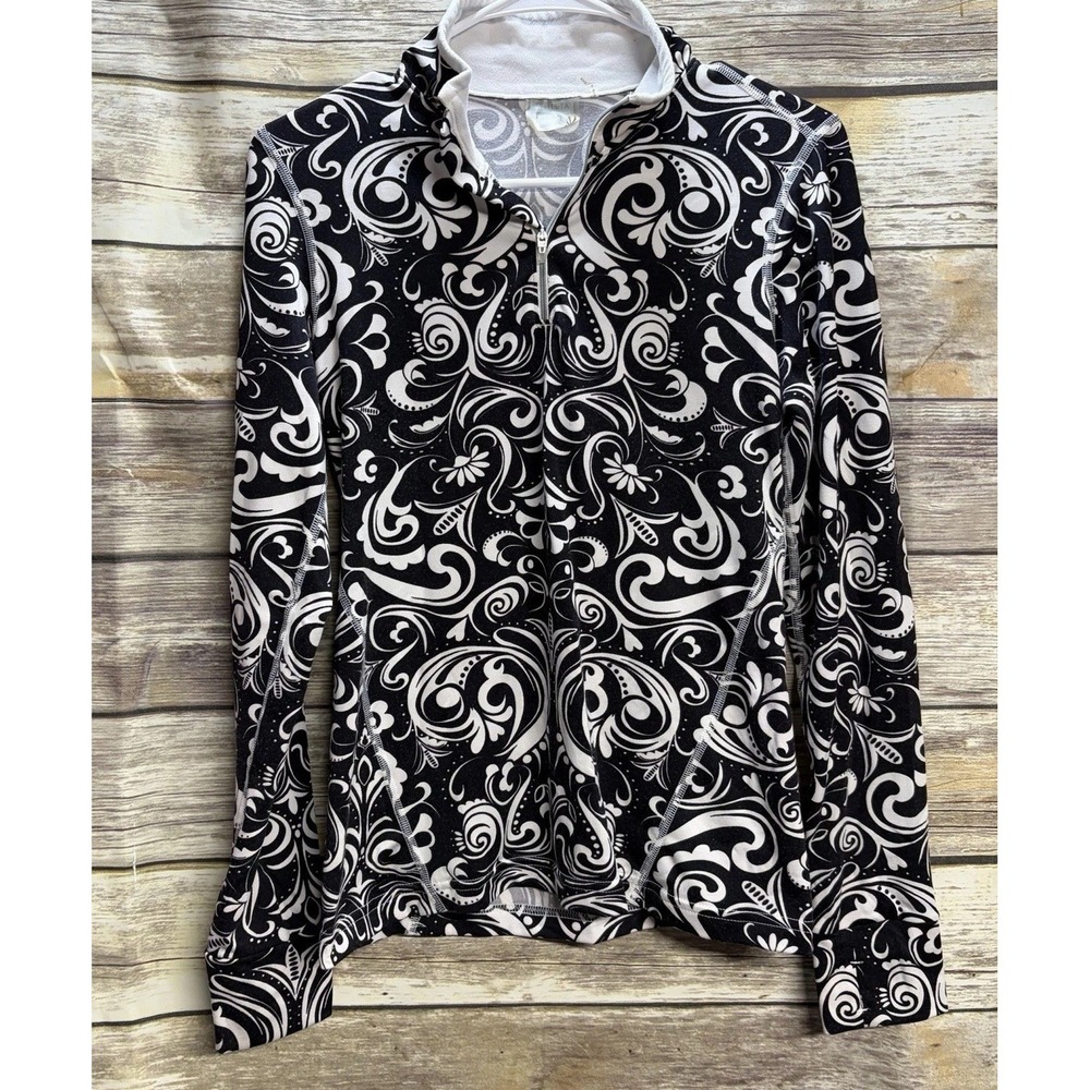 Athleta 1/4 Zip Mock Neck Pullover Women's Small Black White Paisley Long Sleeve